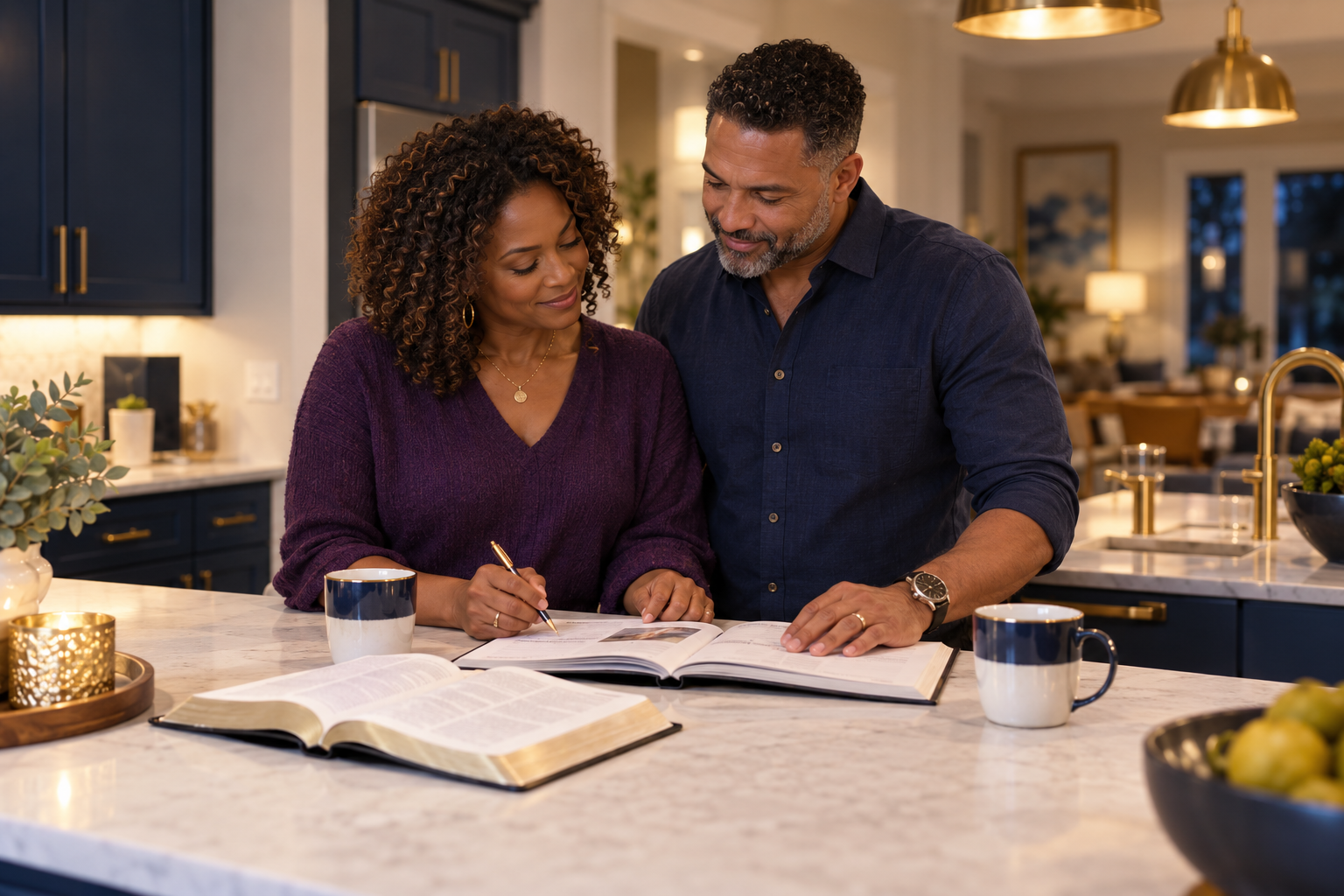 Pareja de pie conversando con una guía y una Biblia en una cocina acogedora