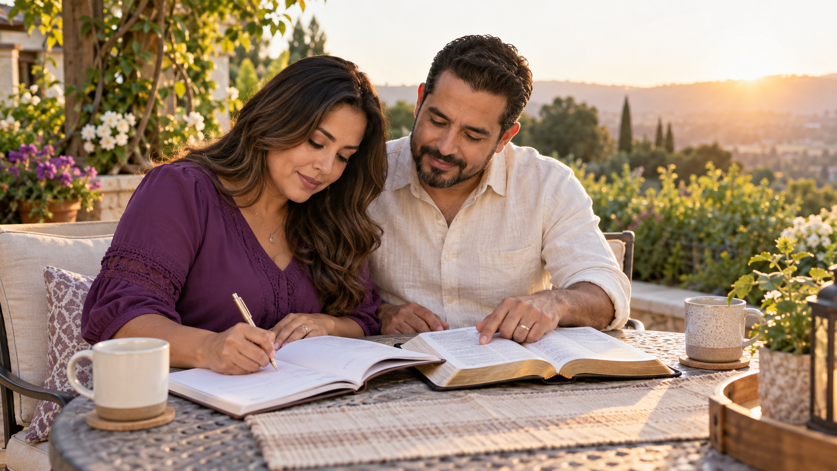 Pareja trabajando junta con una guía matrimonial y una Biblia en un jardín al amanecer